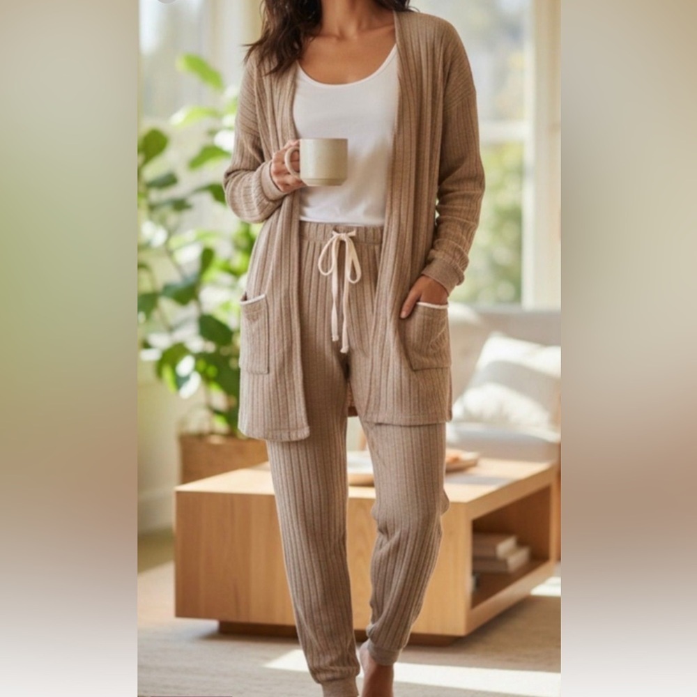 NWT Blu Pepper Loungewear Pajama Set Cardigan and Pants Ribbed Knit Lace